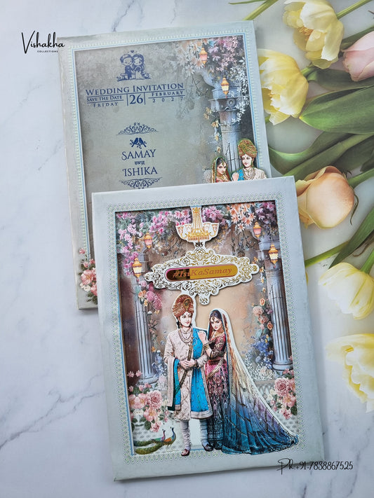 Semi Box Padded Dulah Dulhan 3D Pop Up Hindu Sikh Jain invitation Cards ATS-229 – image 1
