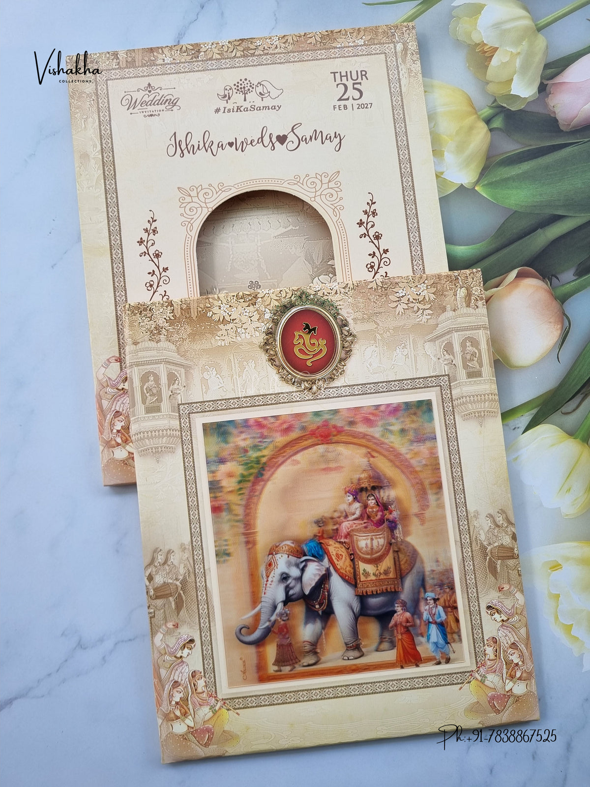 Semi Box Padded Ganesh Ji Dulah Dulhan 3D Pop Up Hindu Jain invitation Cards ATS-240 – image 1
