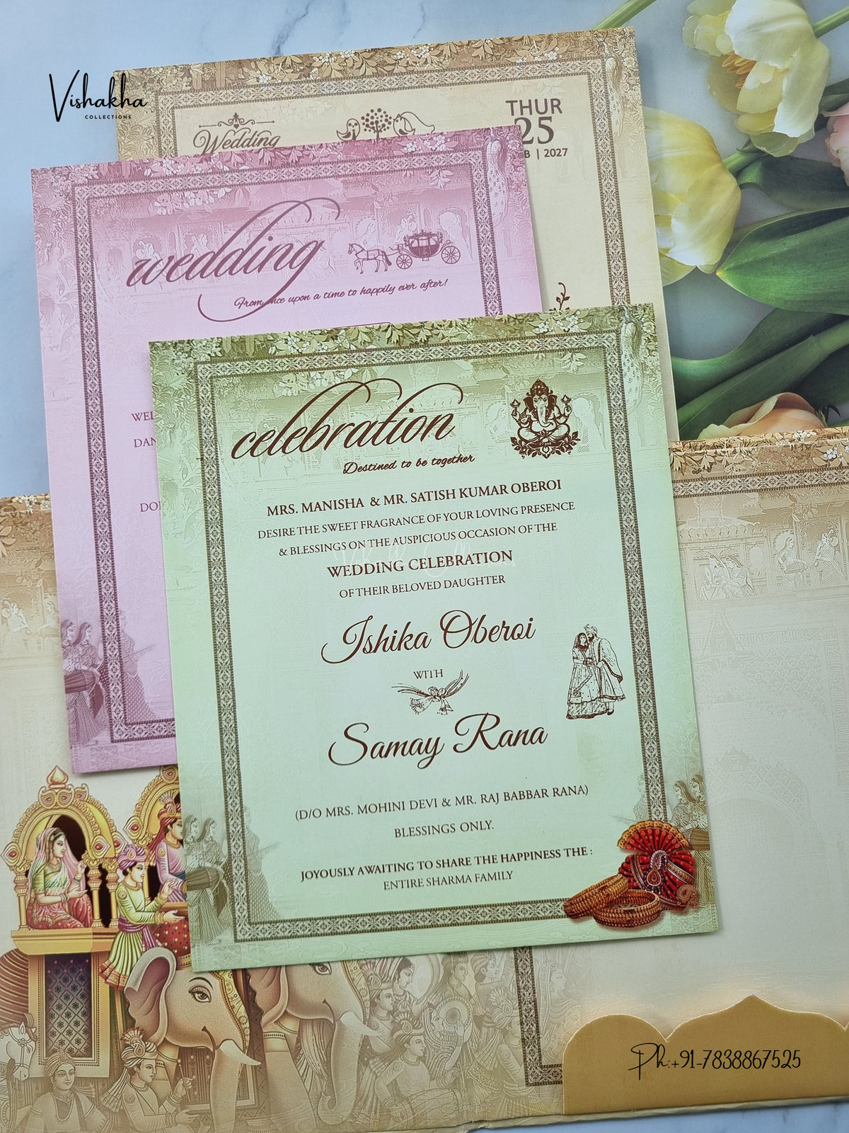 Semi Box Padded Ganesh Ji Dulah Dulhan 3D Pop Up Hindu Jain invitation Cards ATS-240 – image 3