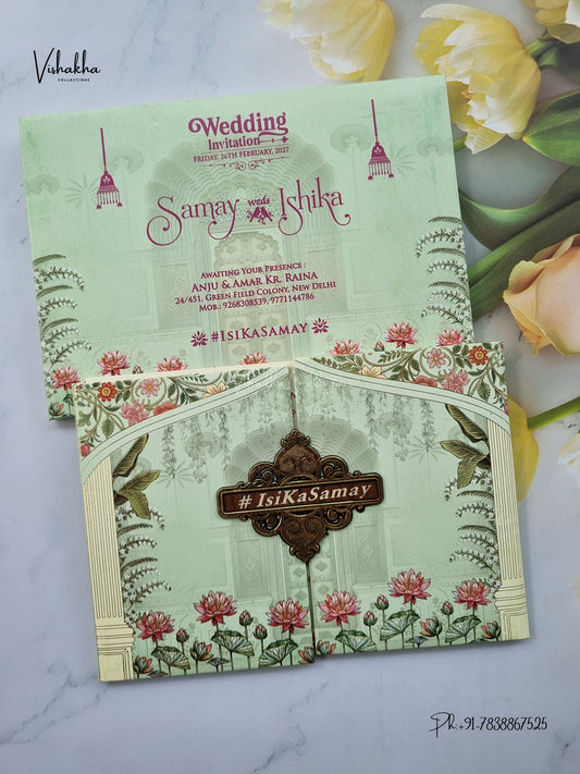 Semi Box Padded Double Door Lotus Hindu Muslim Christian Sikh Jain invitation Cards ATS-255 – image 1
