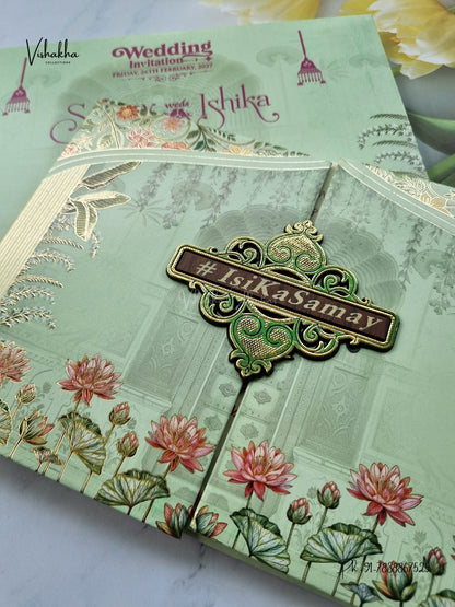 Semi Box Padded Double Door Lotus Hindu Muslim Christian Sikh Jain invitation Cards ATS-255 – image 2