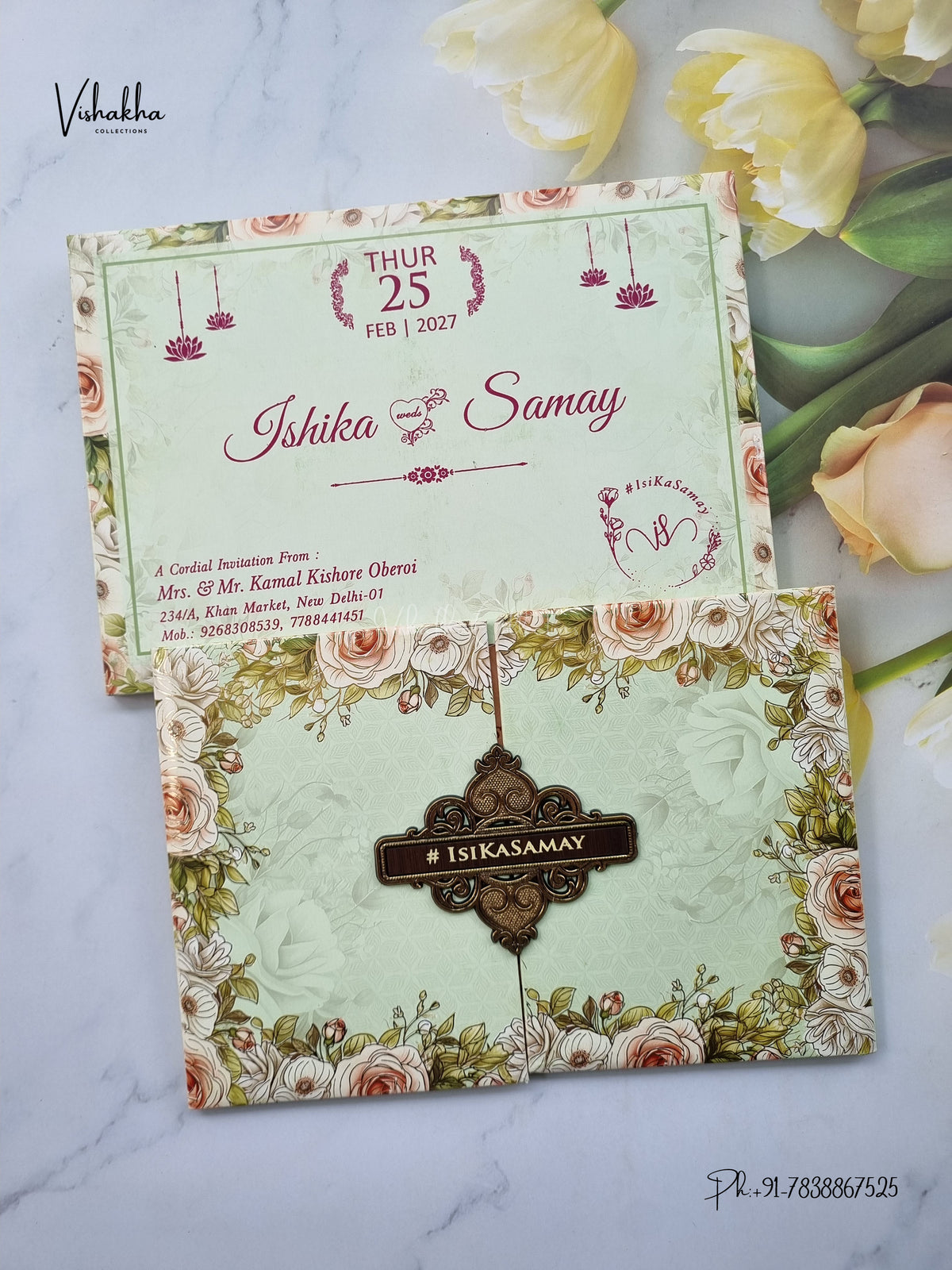 Semi Box Padded Double Door Flower Hindu Muslim Christian Sikh Jain invitation Cards ATS-257 – image 1