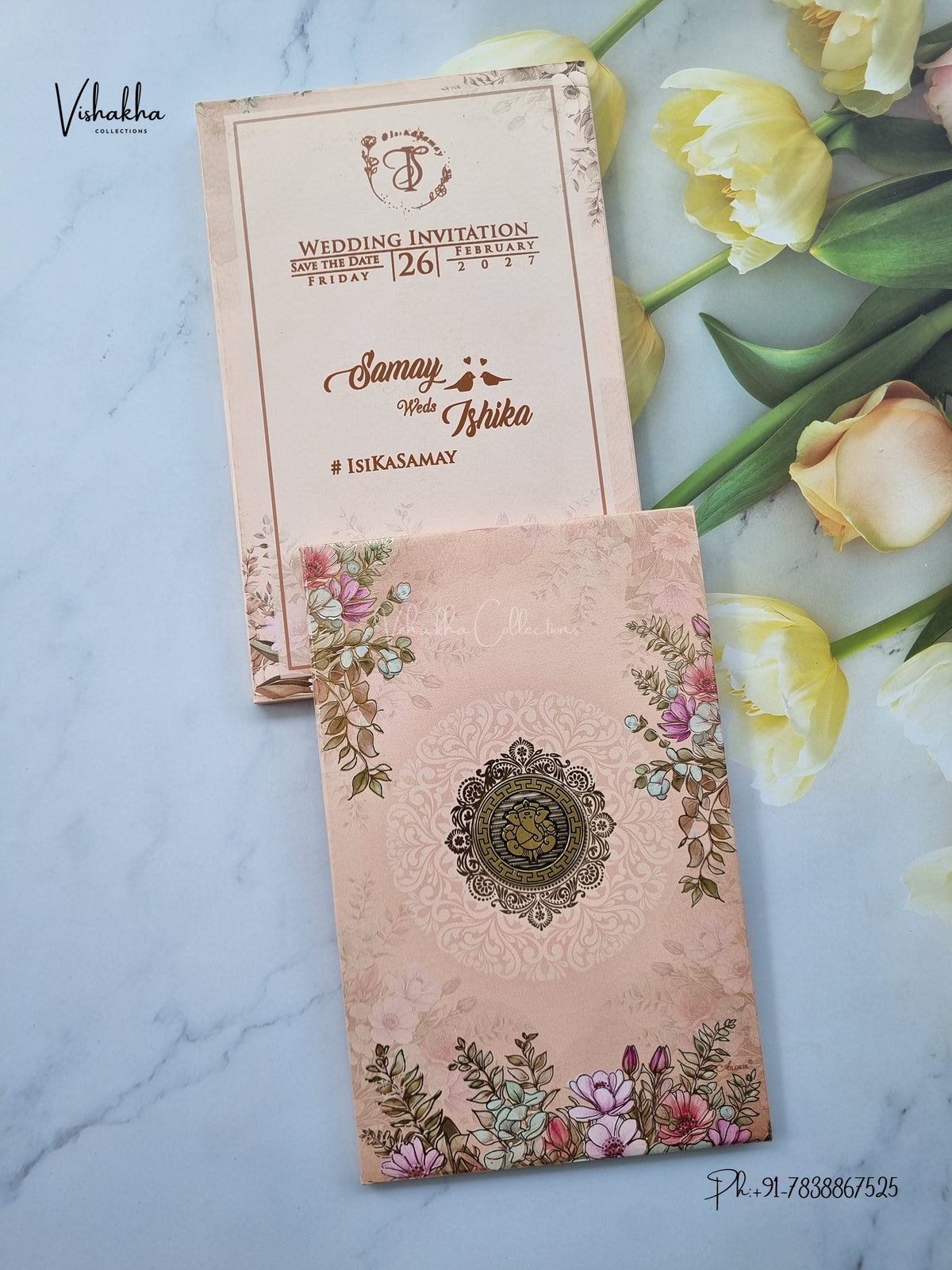 Semi Box Padded Ganesh Ji Flower Hindu Jain invitation Cards ATS-259 – image 1