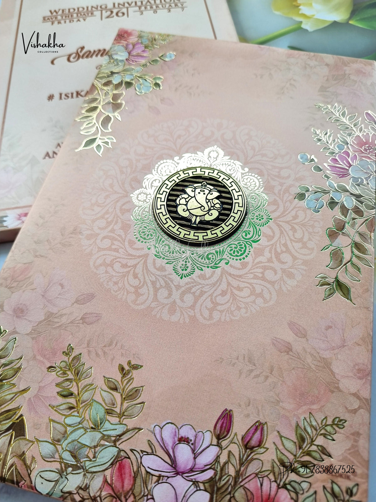 Semi Box Padded Ganesh Ji Flower Hindu Jain invitation Cards ATS-259 – image 2