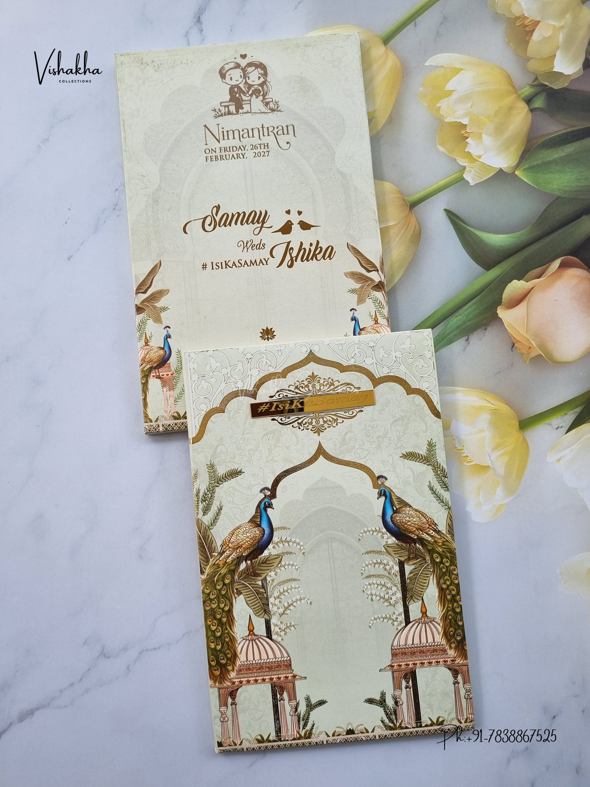 Semi Box Padded Peacock Flower Hindu Muslim Christian Sikh Jain invitation Cards ATS-260 – image 1
