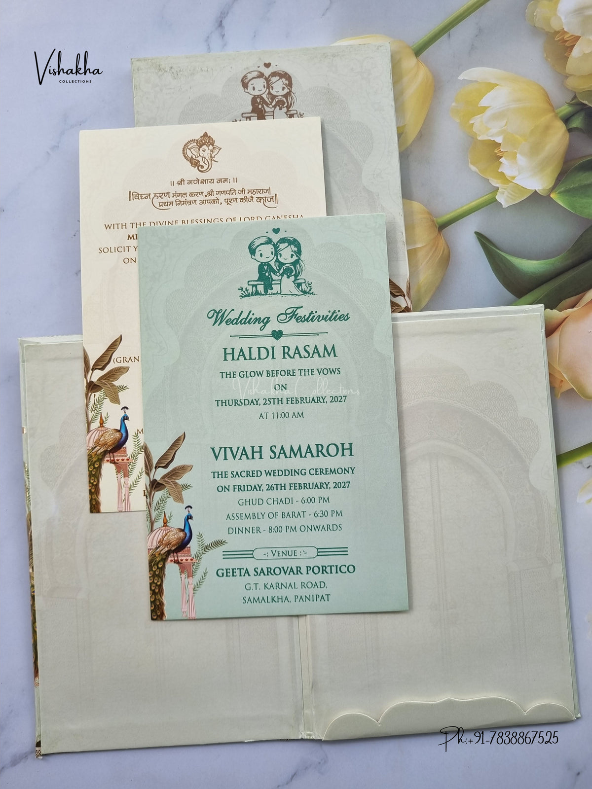 Semi Box Padded Peacock Flower Hindu Muslim Christian Sikh Jain invitation Cards ATS-260 – image 3