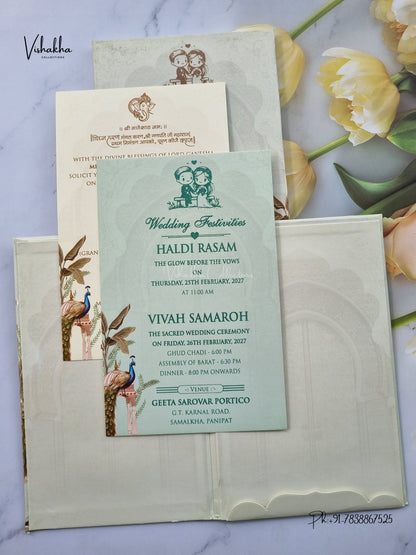 Semi Box Padded Peacock Flower Hindu Muslim Christian Sikh Jain invitation Cards ATS-260 – image 3