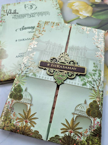 Semi Box Padded Double Door Jharokha Hindu Muslim Christian Sikh Jain invitation Cards ATS-262 – image 2