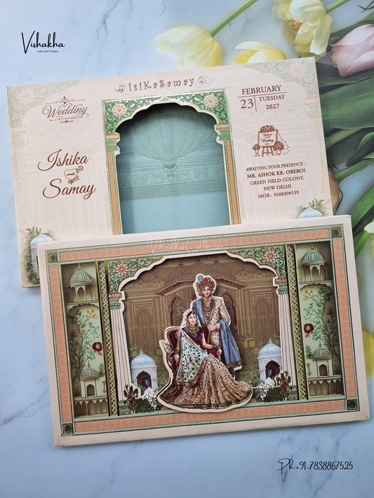 Semi Box Padded Dulah Dulhan 3D Pop Up Hindu Sikh Jain invitation Cards ATS-267 – image 1