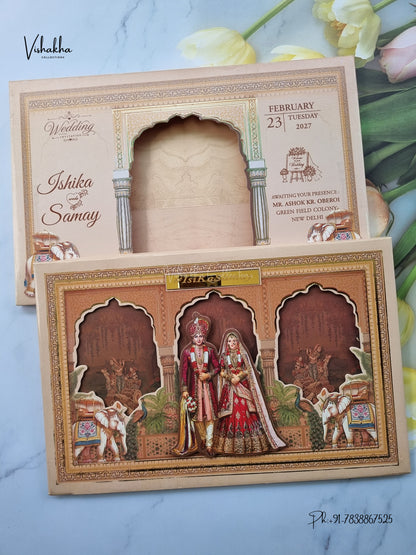 Semi Box Padded Dulah Dulhan Barat 3D Pop Up Hindu Sikh Jain invitation Cards ATS-268 – image 1