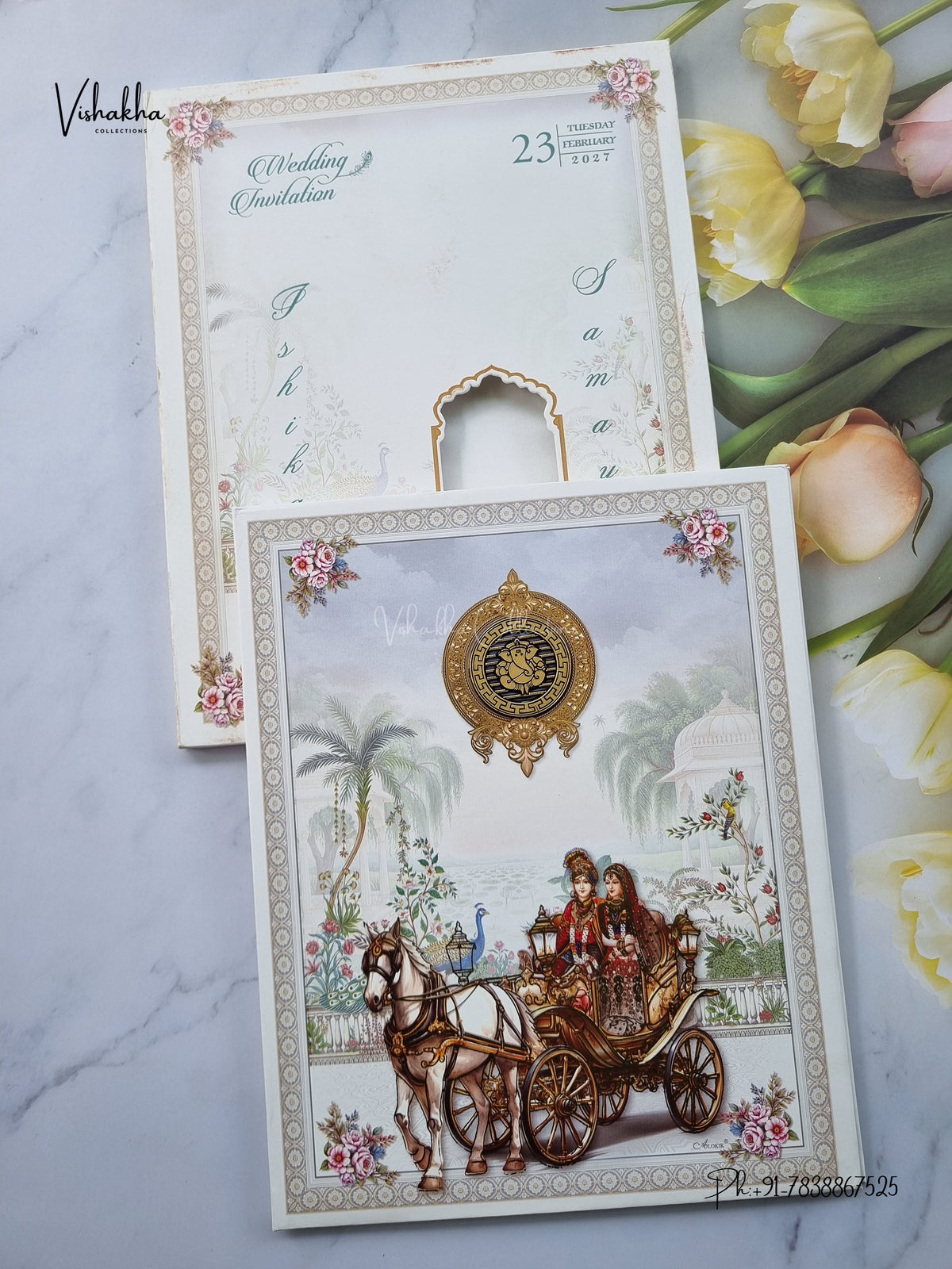 Semi Box Padded Ganesh Ji Dulah Dulhan Hindu Jain invitation Cards ATS-270 – image 1