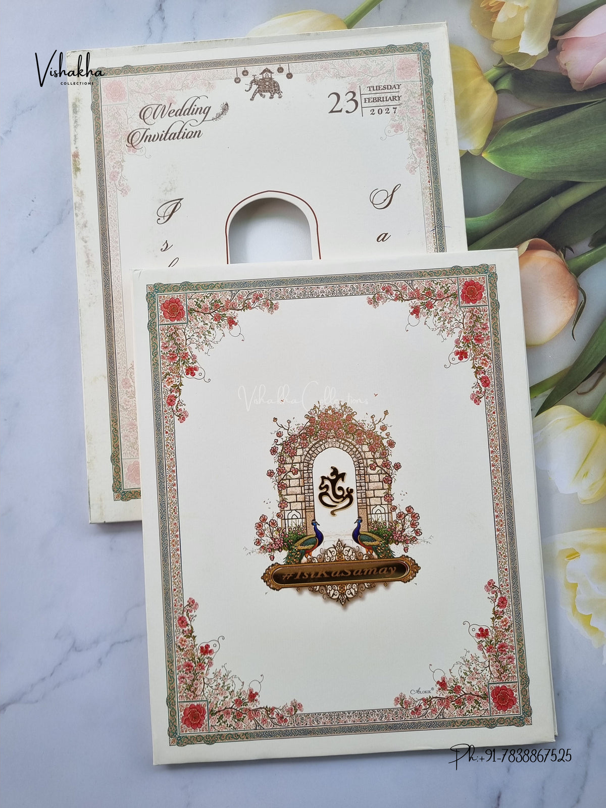 Semi Box Padded Ganesh Ji Peacock Flower Hindu Jain invitation Cards ATS-271 – image 1