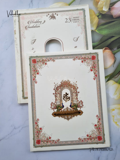 Semi Box Padded Ganesh Ji Peacock Flower Hindu Jain invitation Cards ATS-271 – image 1