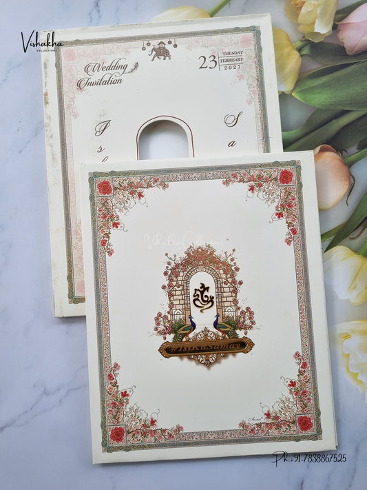 Semi Box Padded Ganesh Ji Peacock Flower Hindu Jain invitation Cards ATS-271 – image 1