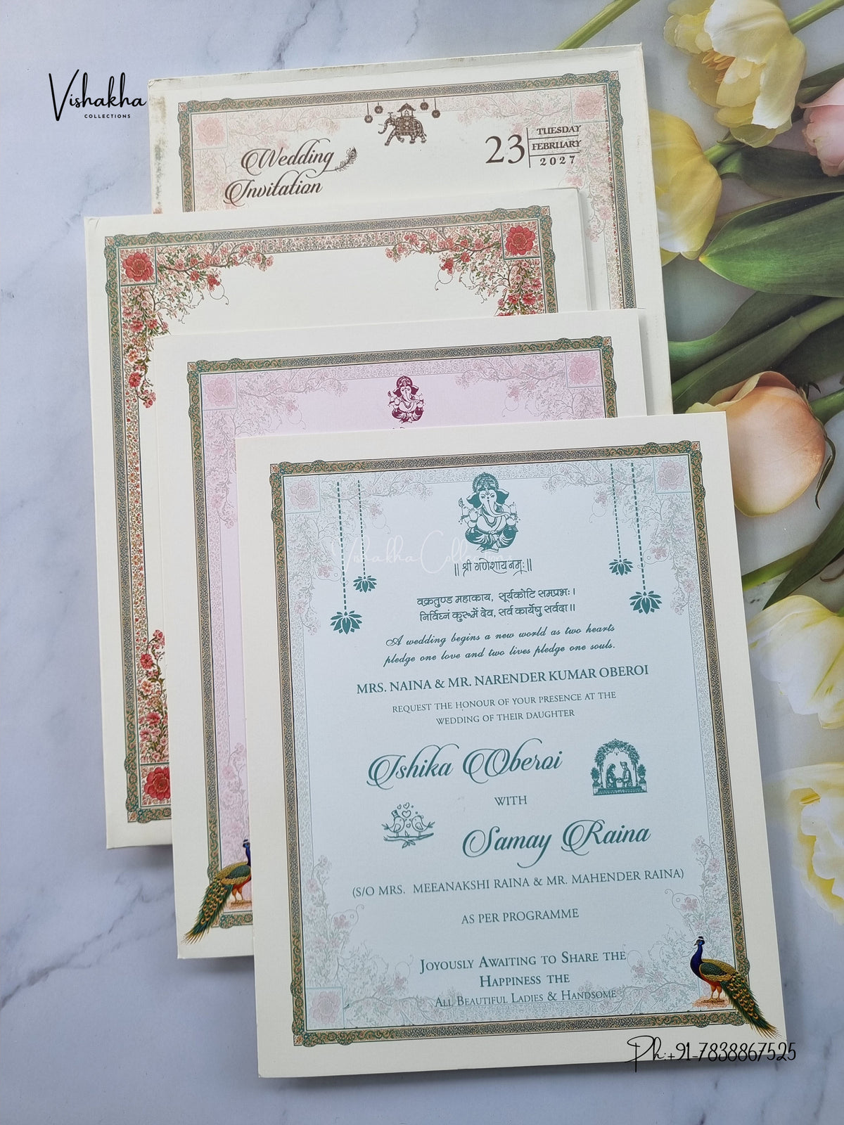 Semi Box Padded Ganesh Ji Peacock Flower Hindu Jain invitation Cards ATS-271 – image 3