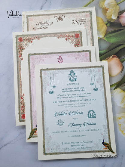 Semi Box Padded Ganesh Ji Peacock Flower Hindu Jain invitation Cards ATS-271 – image 3