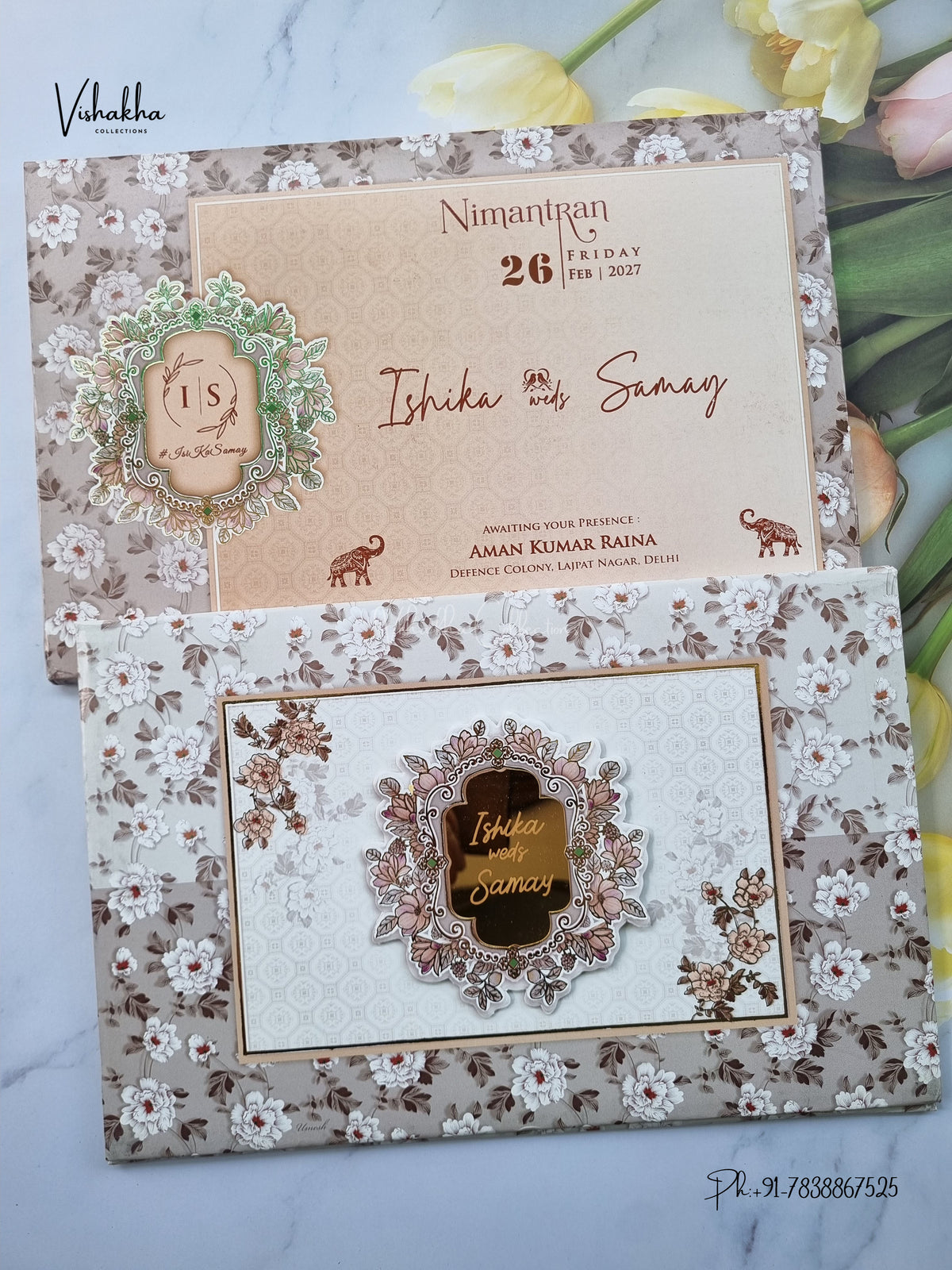 Semi Box Padded Flower 3D Pop Up Hindu Muslim Christian Sikh Jain invitation Cards ATS-274 – image 1