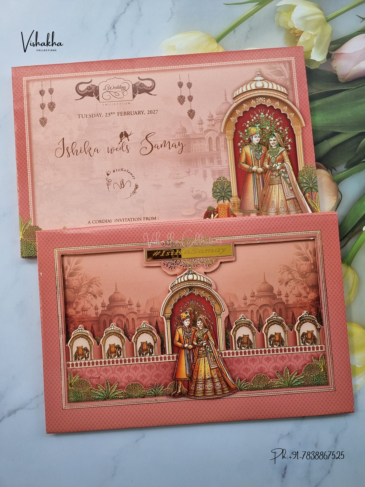 Semi Box Padded Dulah Dulhan 3D Pop Up Haveli Hindu Sikh Jain invitation Cards ATS-276 – image 1
