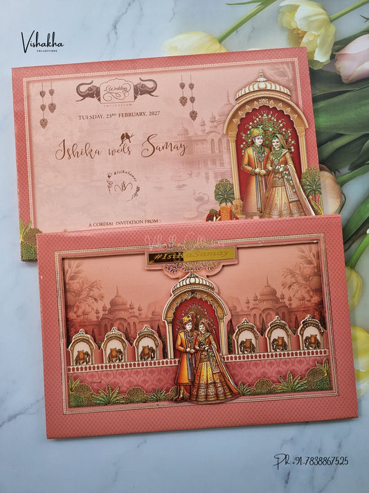Semi Box Padded Dulah Dulhan 3D Pop Up Haveli Hindu Sikh Jain invitation Cards ATS-276 – image 1