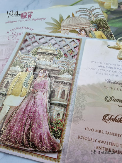 Semi Box Ribbon Dulah Dulhan 3D Pop Up Hindu Sikh Jain invitation Cards ATS-4216 – image 2