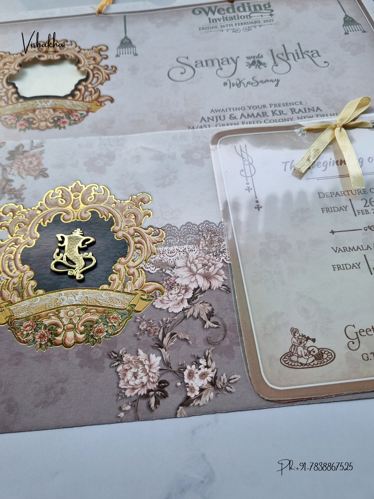 Ribbon Flower Ganesh Ji Hindu Jain invitation Cards ATS-4242 – image 2