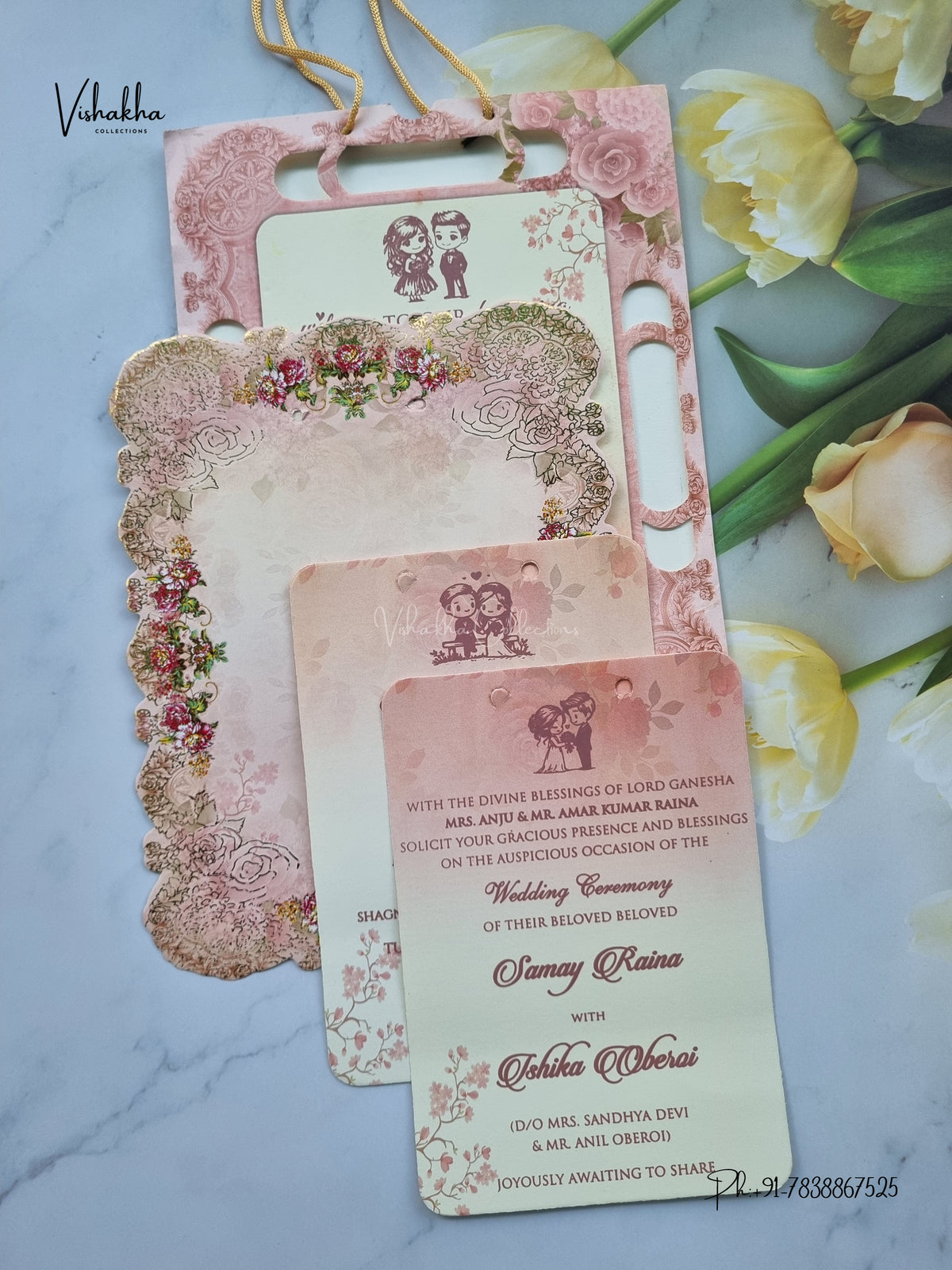 Ribbon Carry Bag Flower Hindu Muslim Christian Sikh Jain invitation Cards ATS-4244 – image 3