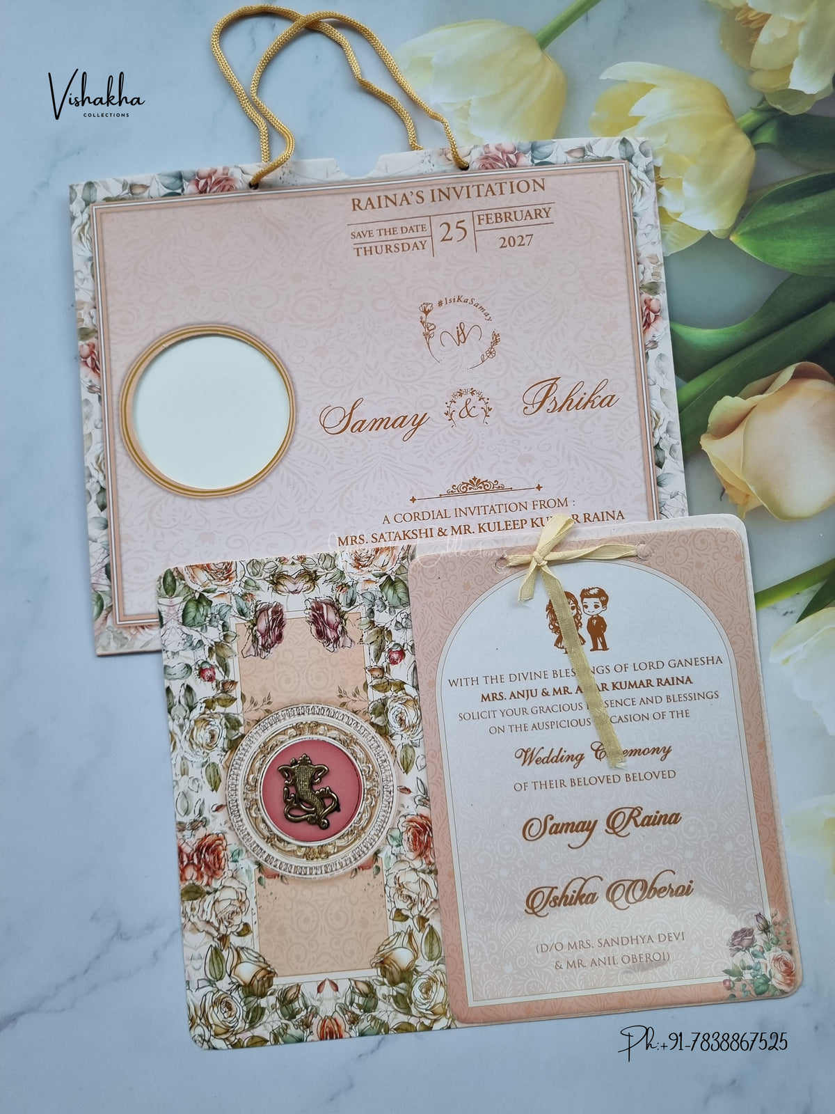 Ribbon Flower Ganesh Ji Hindu Jain invitation Cards ATS-4246 – image 1