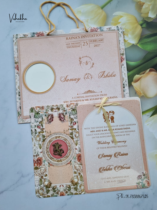 Ribbon Flower Ganesh Ji Hindu Jain invitation Cards ATS-4246 – image 1