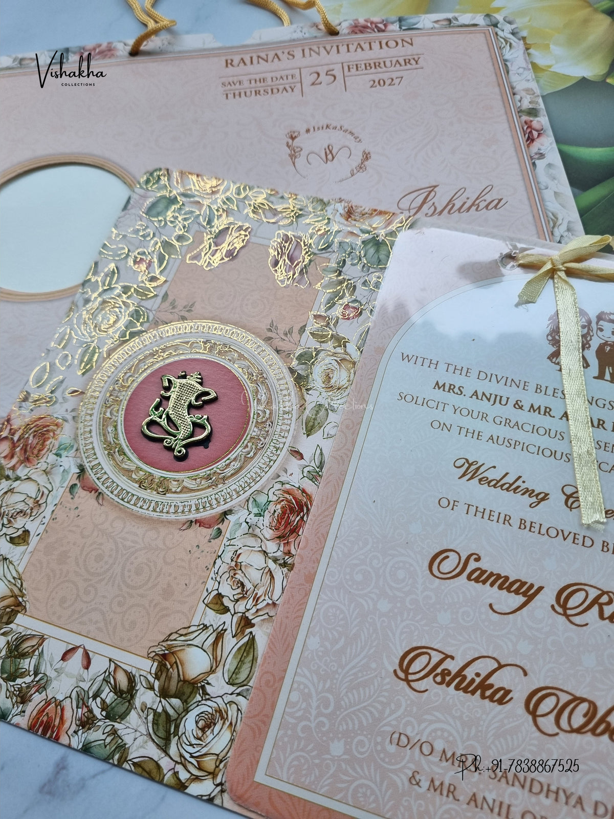 Ribbon Flower Ganesh Ji Hindu Jain invitation Cards ATS-4246 – image 2