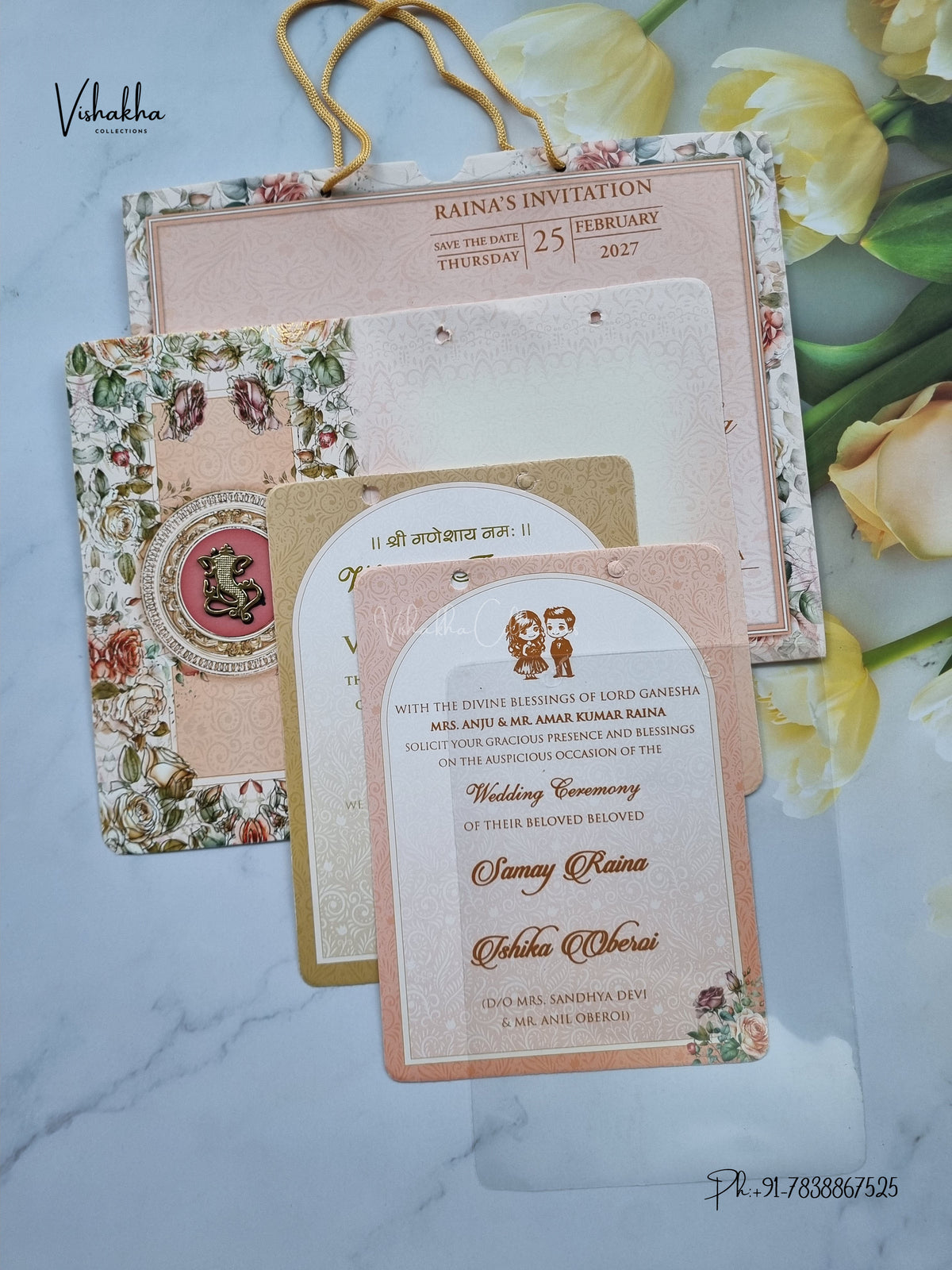 Ribbon Flower Ganesh Ji Hindu Jain invitation Cards ATS-4246 – image 3