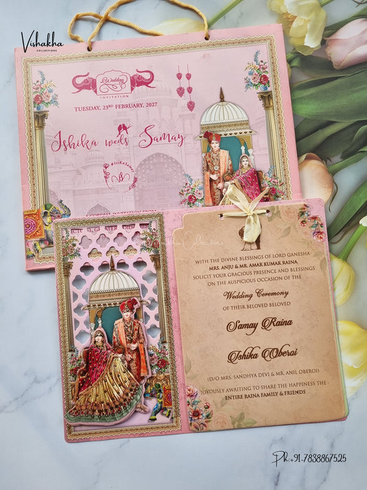 Semi Box Ribbon Carry Bag Dulah Dulhan 3D Pop Up Hindu Sikh Jain invitation Cards ATS-4249 – image 1