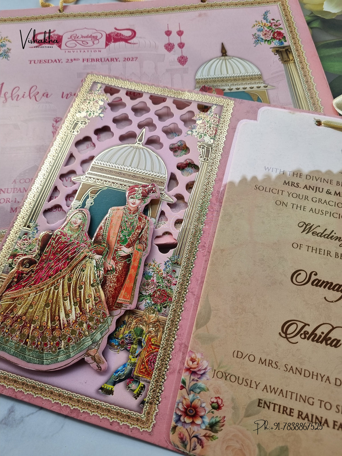 Semi Box Ribbon Carry Bag Dulah Dulhan 3D Pop Up Hindu Sikh Jain invitation Cards ATS-4249 – image 2
