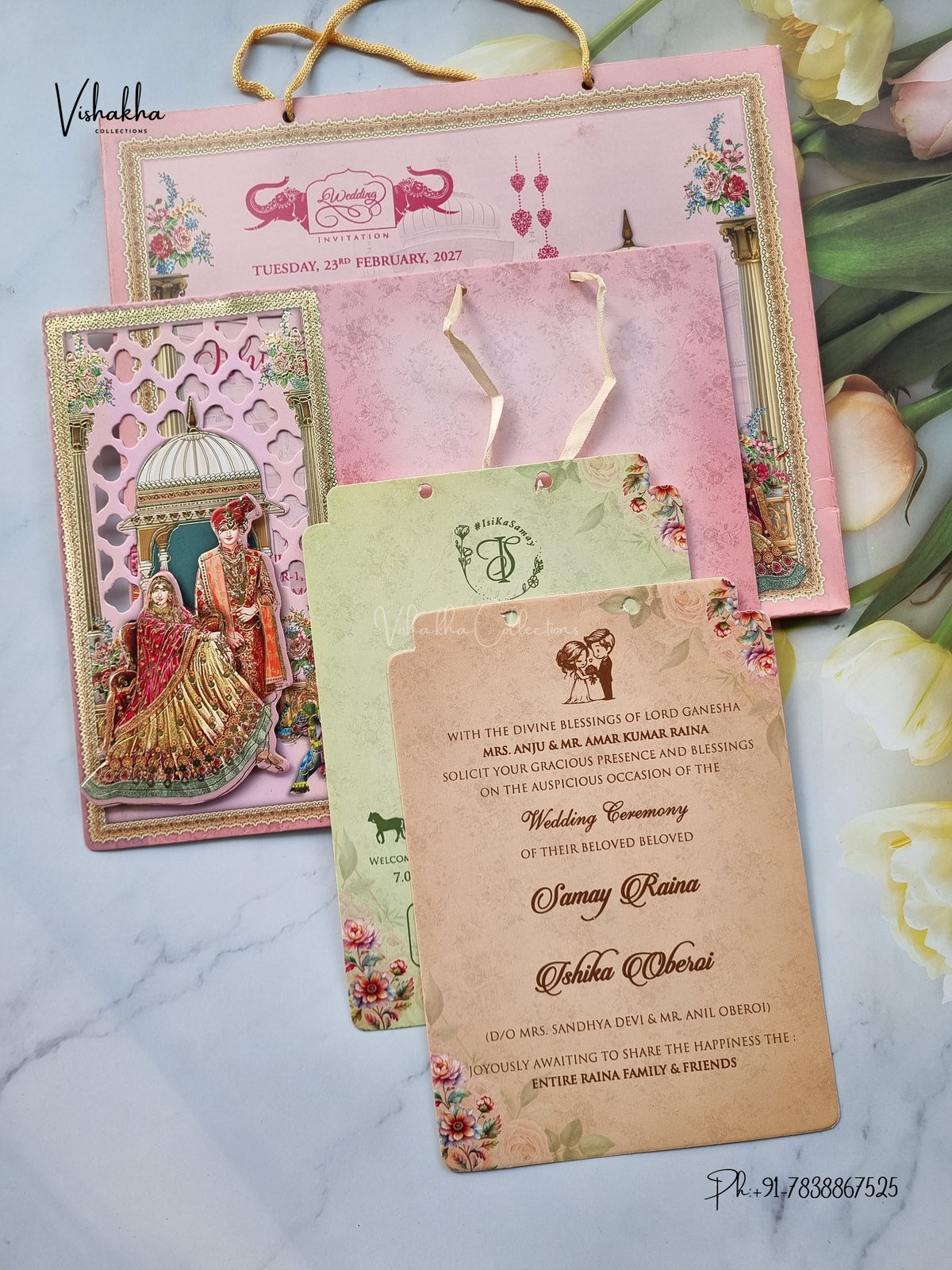 Semi Box Ribbon Carry Bag Dulah Dulhan 3D Pop Up Hindu Sikh Jain invitation Cards ATS-4249 – image 3