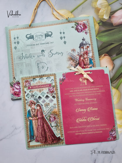 Semi Box Ribbon Carry Bag Dulah Dulhan 3D Pop Up Hindu Sikh Jain invitation Cards ATS-4250 – image 1