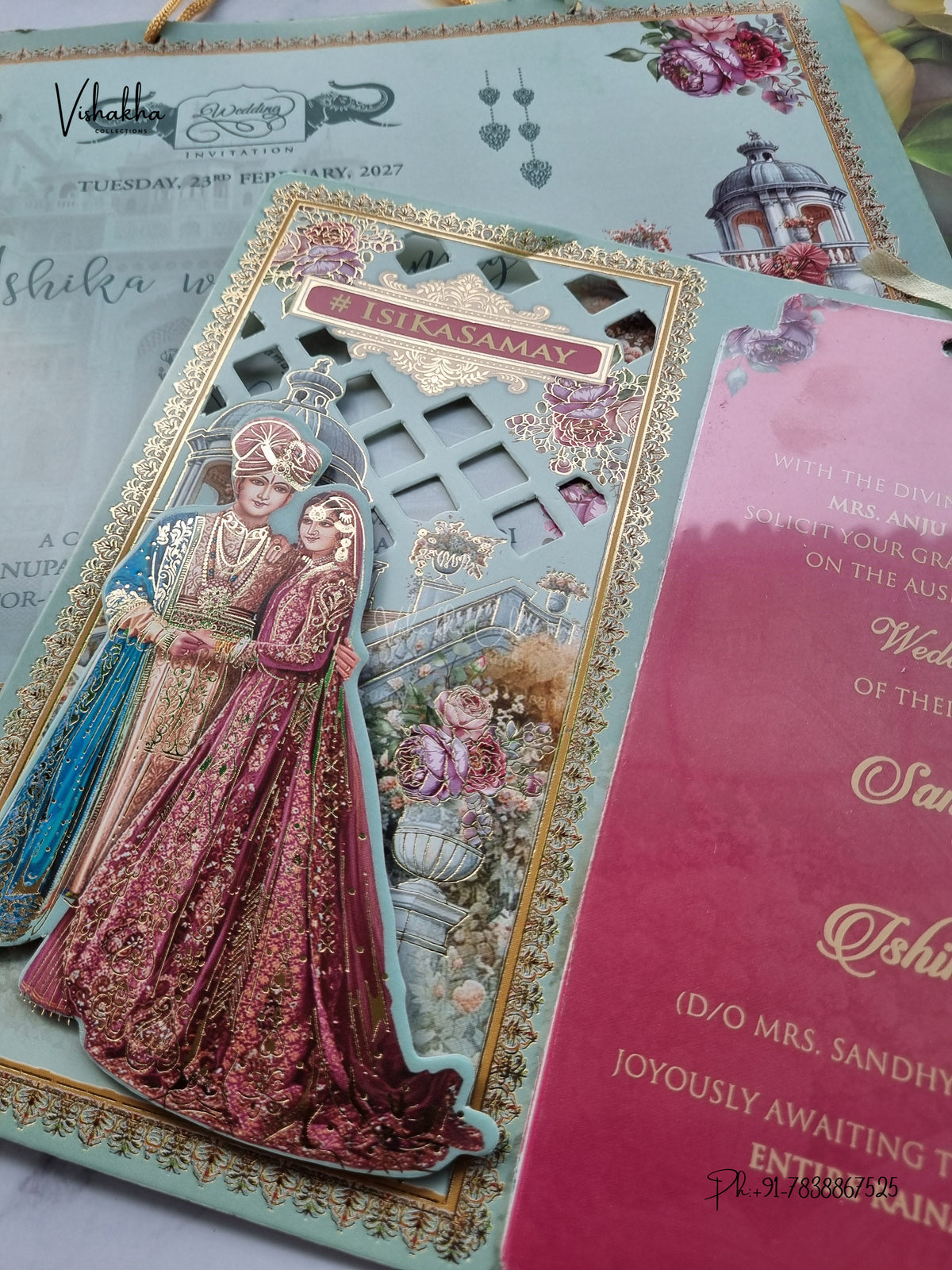 Semi Box Ribbon Carry Bag Dulah Dulhan 3D Pop Up Hindu Sikh Jain invitation Cards ATS-4250 – image 2