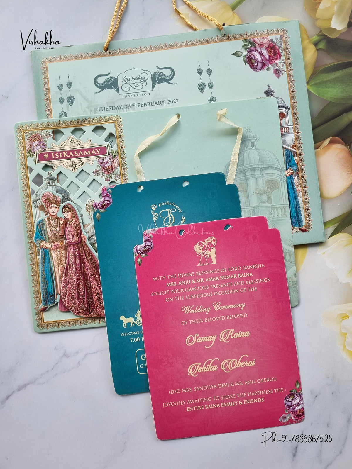 Semi Box Ribbon Carry Bag Dulah Dulhan 3D Pop Up Hindu Sikh Jain invitation Cards ATS-4250 – image 3