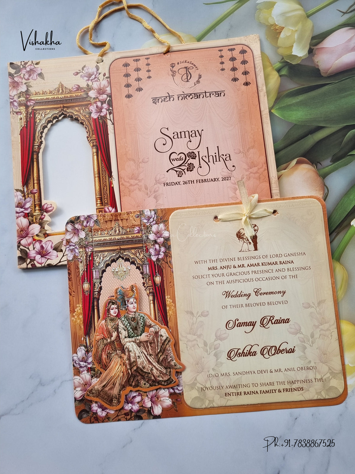 Semi Box Ribbon Carry Bag Dulah Dulhan 3D Pop Up Hindu Sikh Jain invitation Cards ATS-4252 – image 1