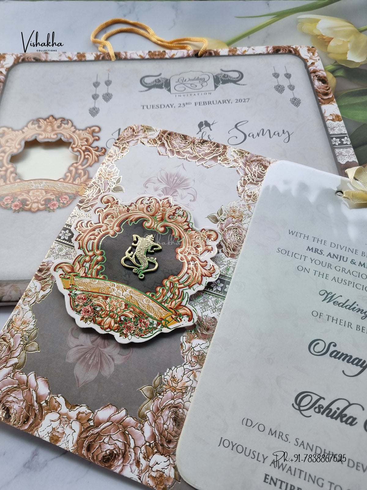Semi Box Ribbon Carry Bag Ganesh Ji Flower 3D Pop Up Hindu Jain invitation Cards ATS-4253 – image 2