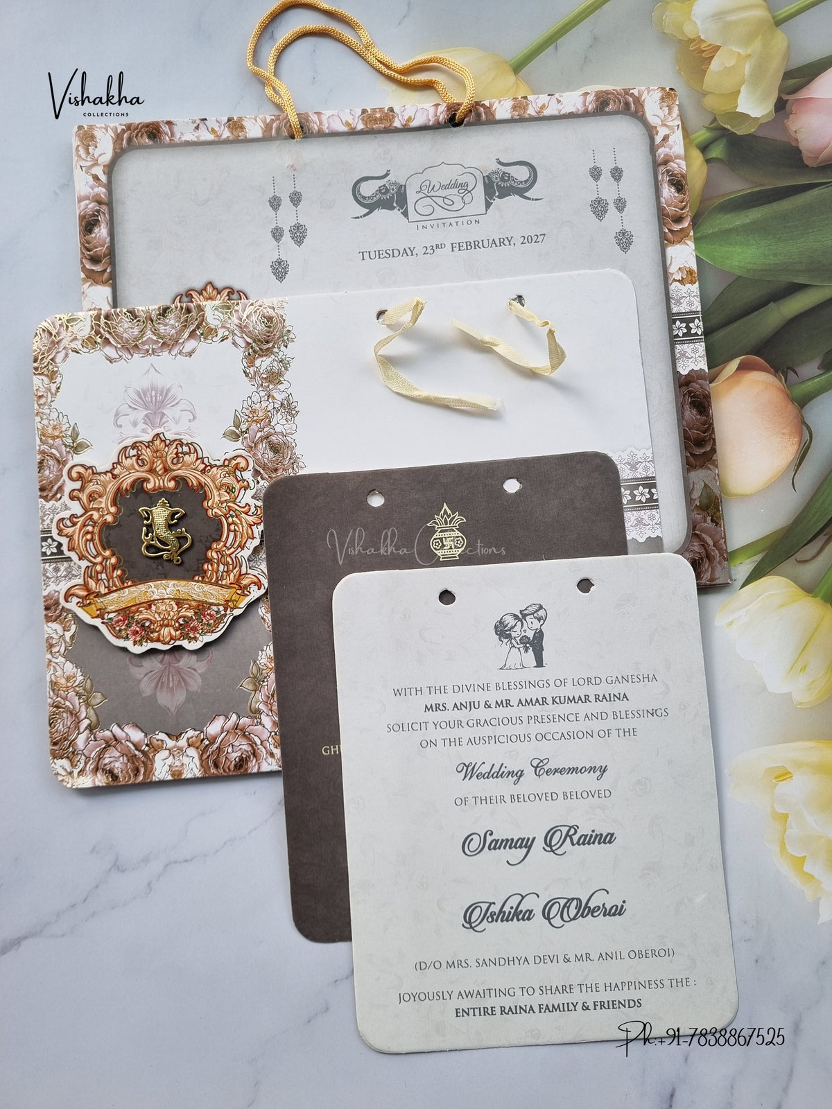Semi Box Ribbon Carry Bag Ganesh Ji Flower 3D Pop Up Hindu Jain invitation Cards ATS-4253 – image 3