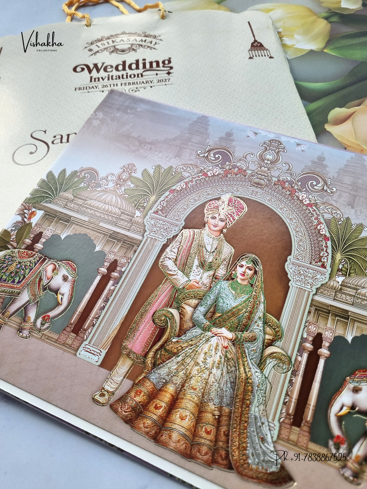 Semi Box Carry Bag Hathi Dulah Dulhan Hindu Sikh Jain invitation Cards ATS-4257 – image 2