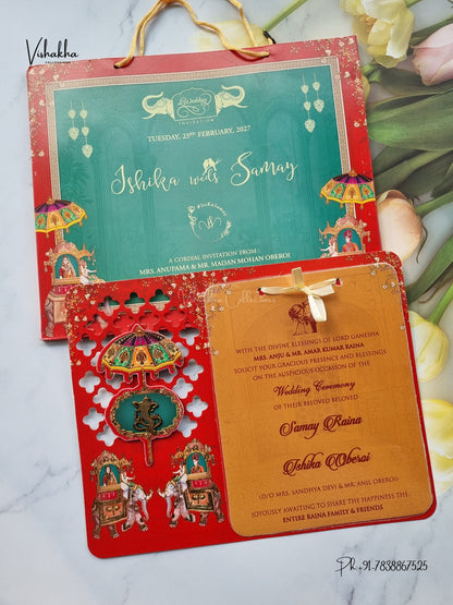 Semi Box Ribbon Carry Bag Ganesh Ji Dulah Dulhan 3D Pop Up Hindu Jain invitation Cards ATS-4258 – image 1