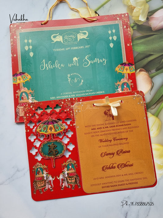 Semi Box Ribbon Carry Bag Ganesh Ji Dulah Dulhan 3D Pop Up Hindu Jain invitation Cards ATS-4258 – image 1