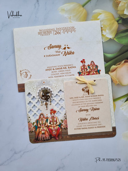 Ribbon Dulah Dulhan Ganesh Ji Hindu Jain invitation Cards ATS-4302 – image 1
