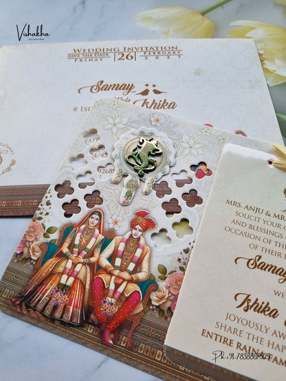 Ribbon Dulah Dulhan Ganesh Ji Hindu Jain invitation Cards ATS-4302 – image 2