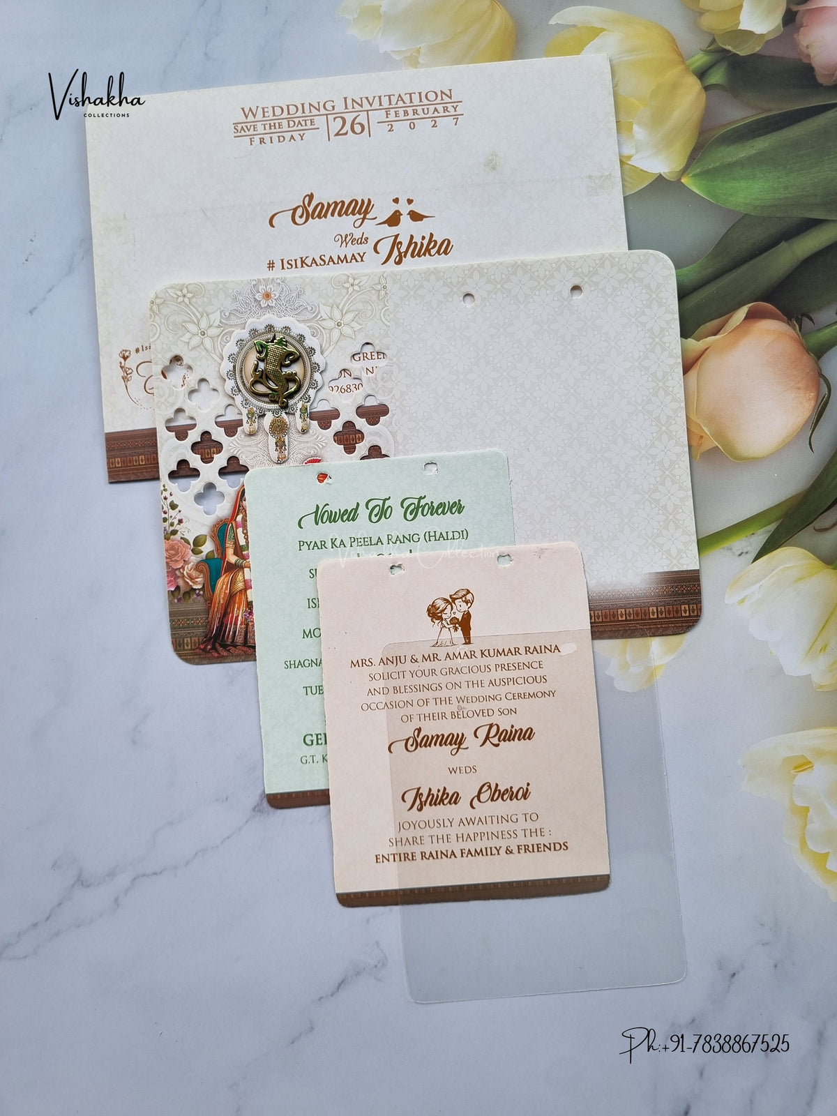 Ribbon Dulah Dulhan Ganesh Ji Hindu Jain invitation Cards ATS-4302 – image 3