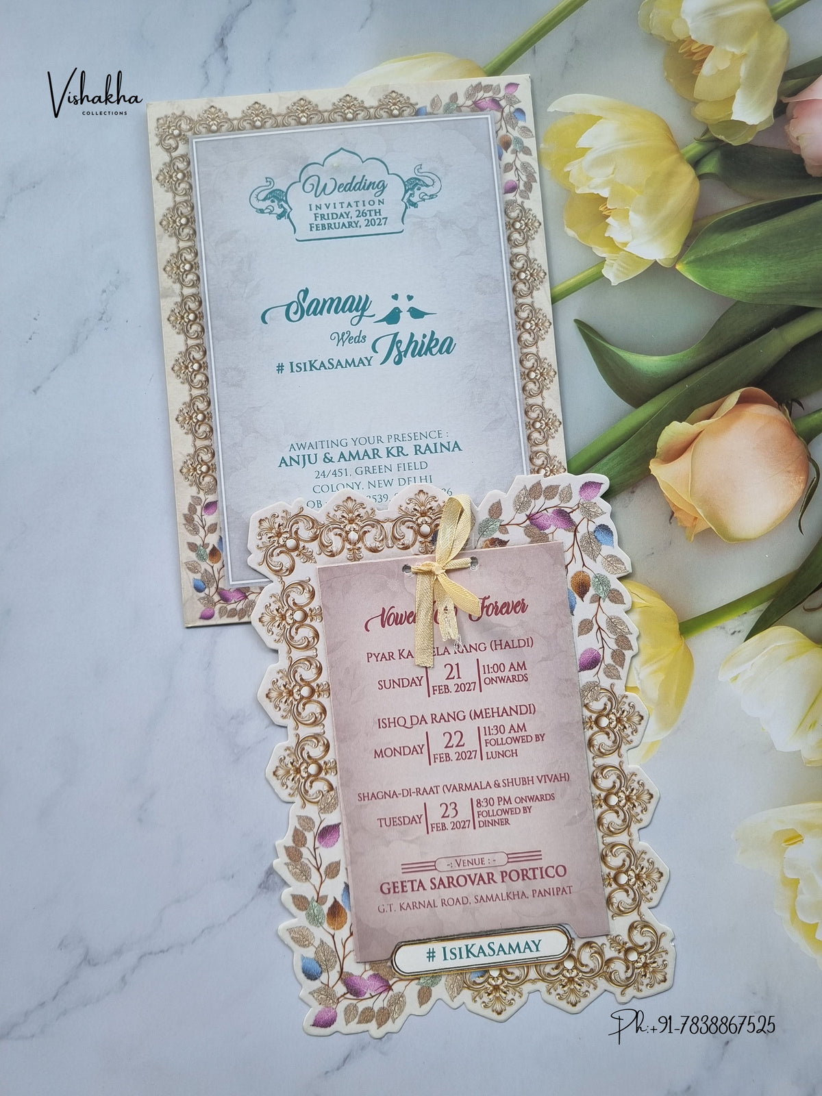 Ribbon Flower Hindu Muslim Christian Sikh Jain invitation Cards ATS-4303 – image 1