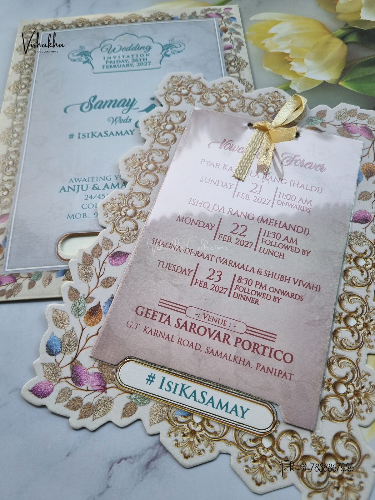 Ribbon Flower Hindu Muslim Christian Sikh Jain invitation Cards ATS-4303 – image 2