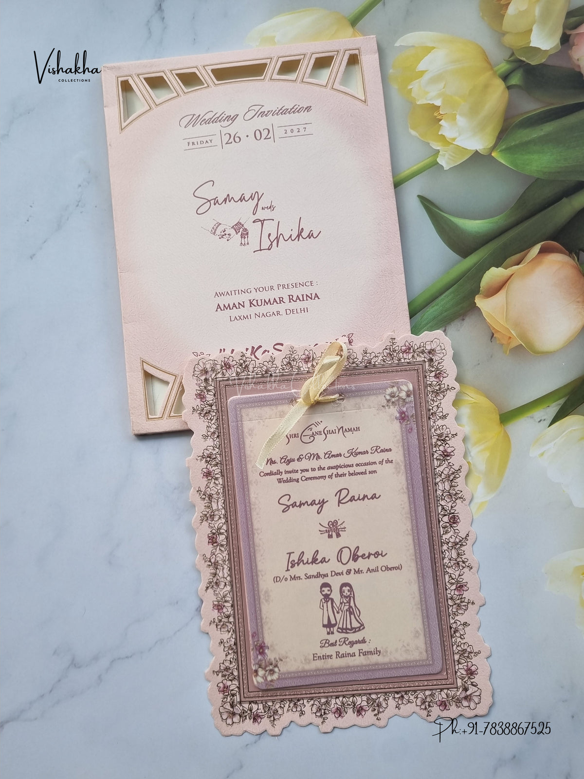 Semi Box Ribbon Flower Hindu Muslim Christian Sikh Jain invitation Cards ATS-4305 – image 1