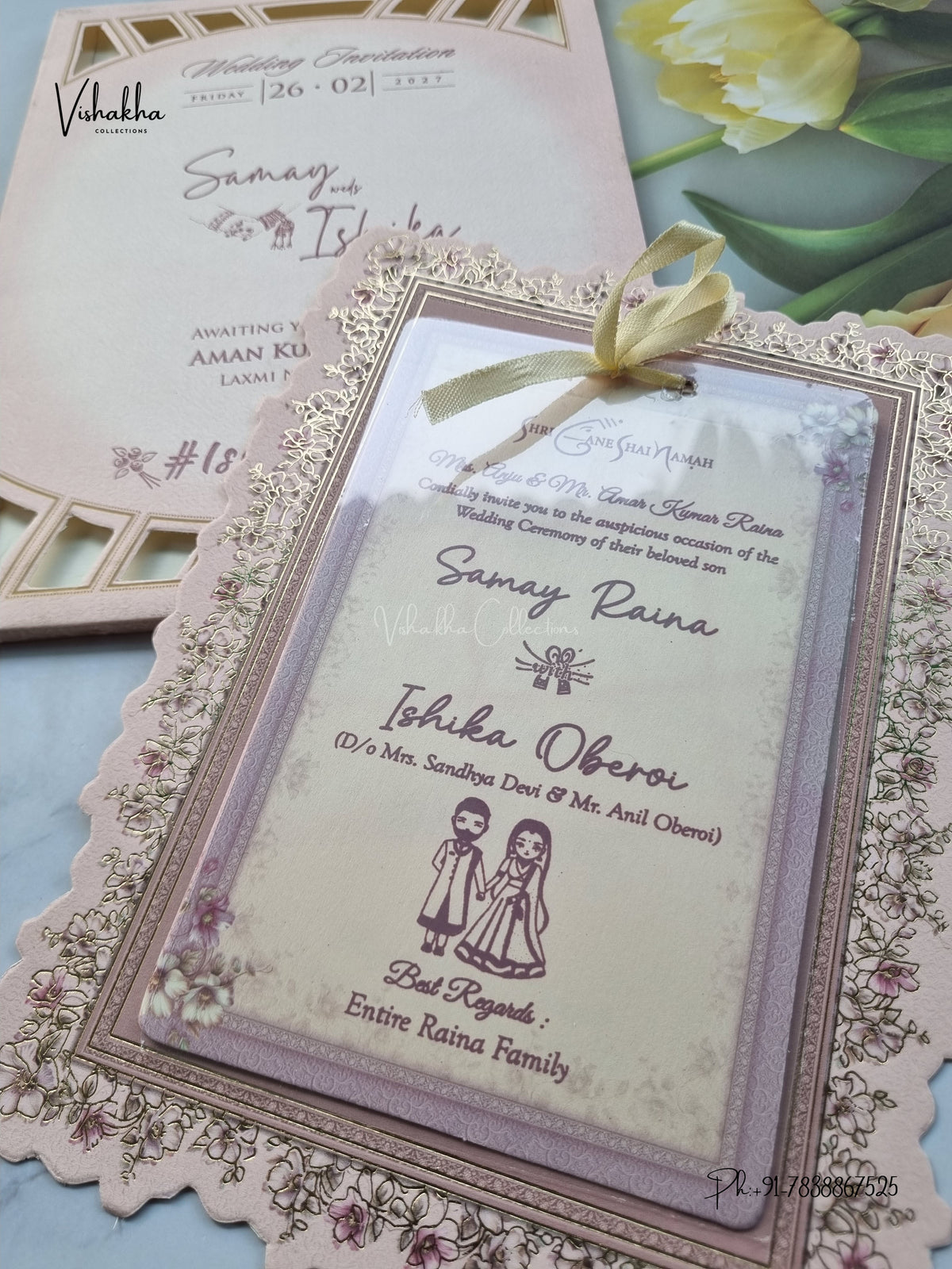 Semi Box Ribbon Flower Hindu Muslim Christian Sikh Jain invitation Cards ATS-4305 – image 2