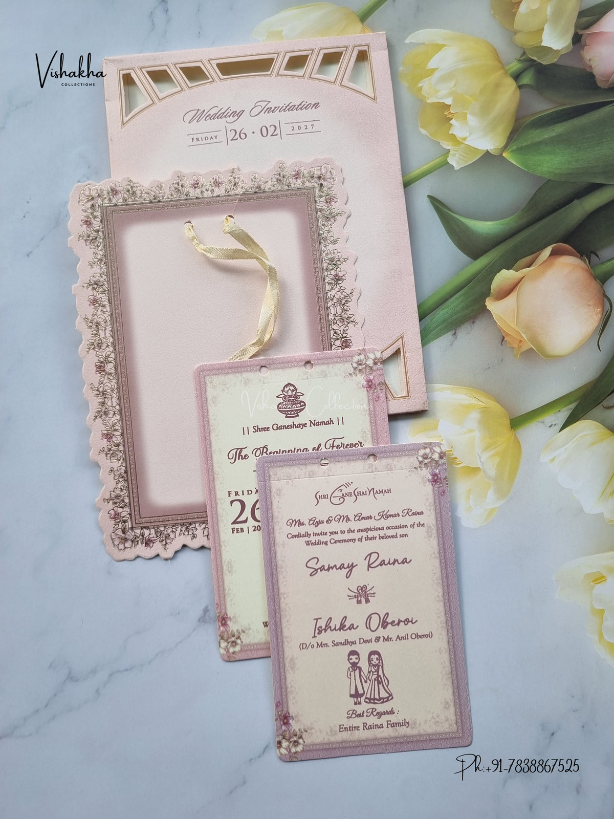Semi Box Ribbon Flower Hindu Muslim Christian Sikh Jain invitation Cards ATS-4305 – image 3